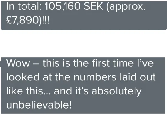 Message from a Babyem graduate reporting earnings of 105,160 Swedish krona, roughly 7,890 pounds: this is the first time I have looked at the numbers laid out like this and it is absolutely unbelievable.