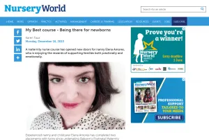 Nursery World Magazine cover featuring an article about Babyem's Postnatal Maternity Nurse Training.
